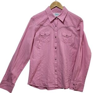 Adiktd Pink Western Snap Shirt Womens Large Studded Scalloped Yoke Dobby Stripe*